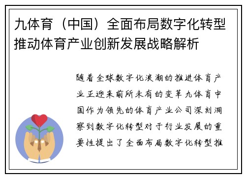 九体育（中国）全面布局数字化转型推动体育产业创新发展战略解析